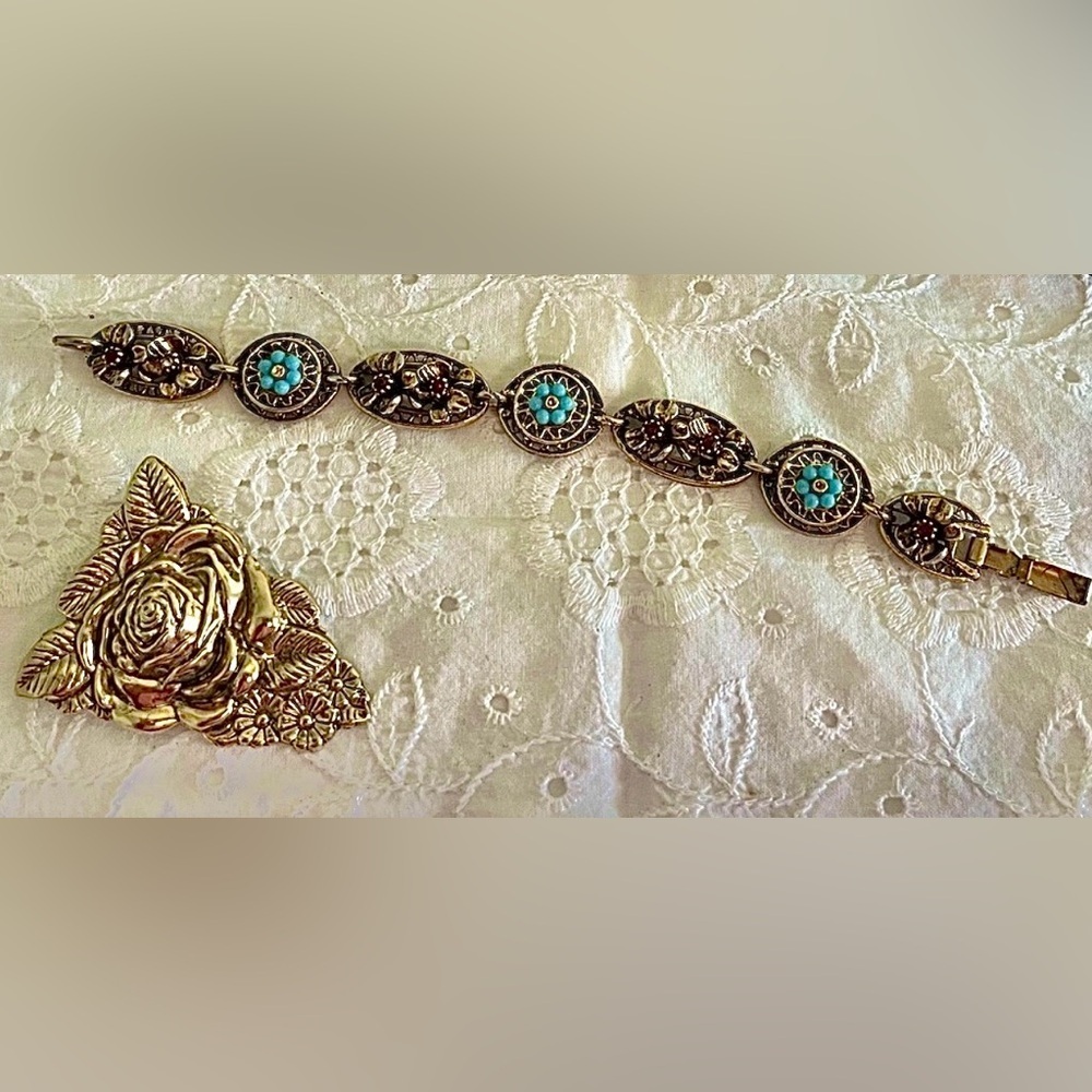 Gold Rose Motif Brooch with Turquoise Accent Bracelet
